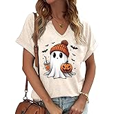 PUCKOLITY Halloween Shirts for Women Funny Halloween Pumpkin Graphic Short Sleeve Shirt Casual Fall Tee Tops