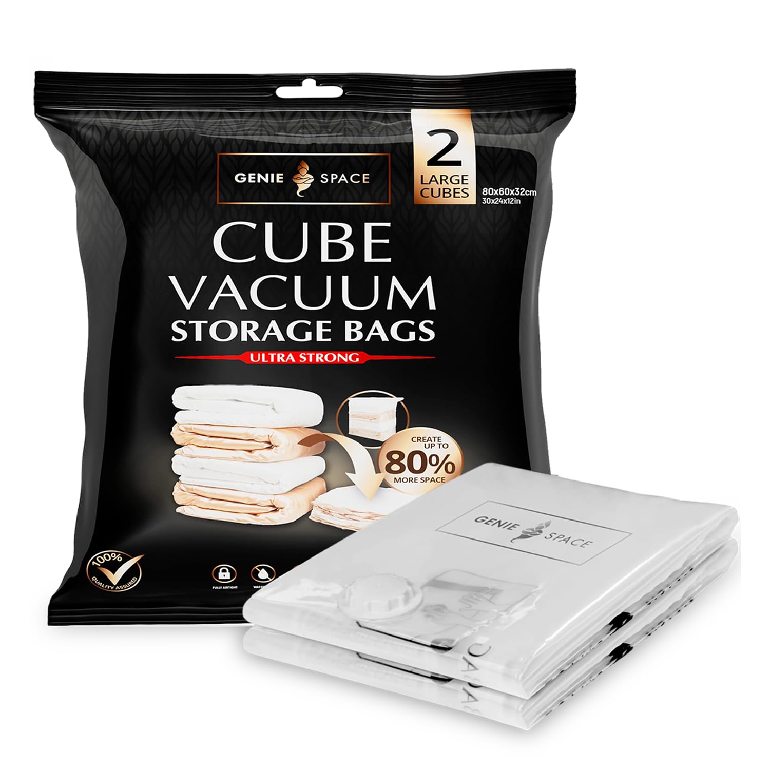 GENIE SPACE Cube Vacuum Storage Bags for Clothes, Bedding and Loft Storage, Large 80×60×32 cm, Airtight, Odour-Proof and Reusable Space Saver Bags with Double Zipper Seal, 2-Pack