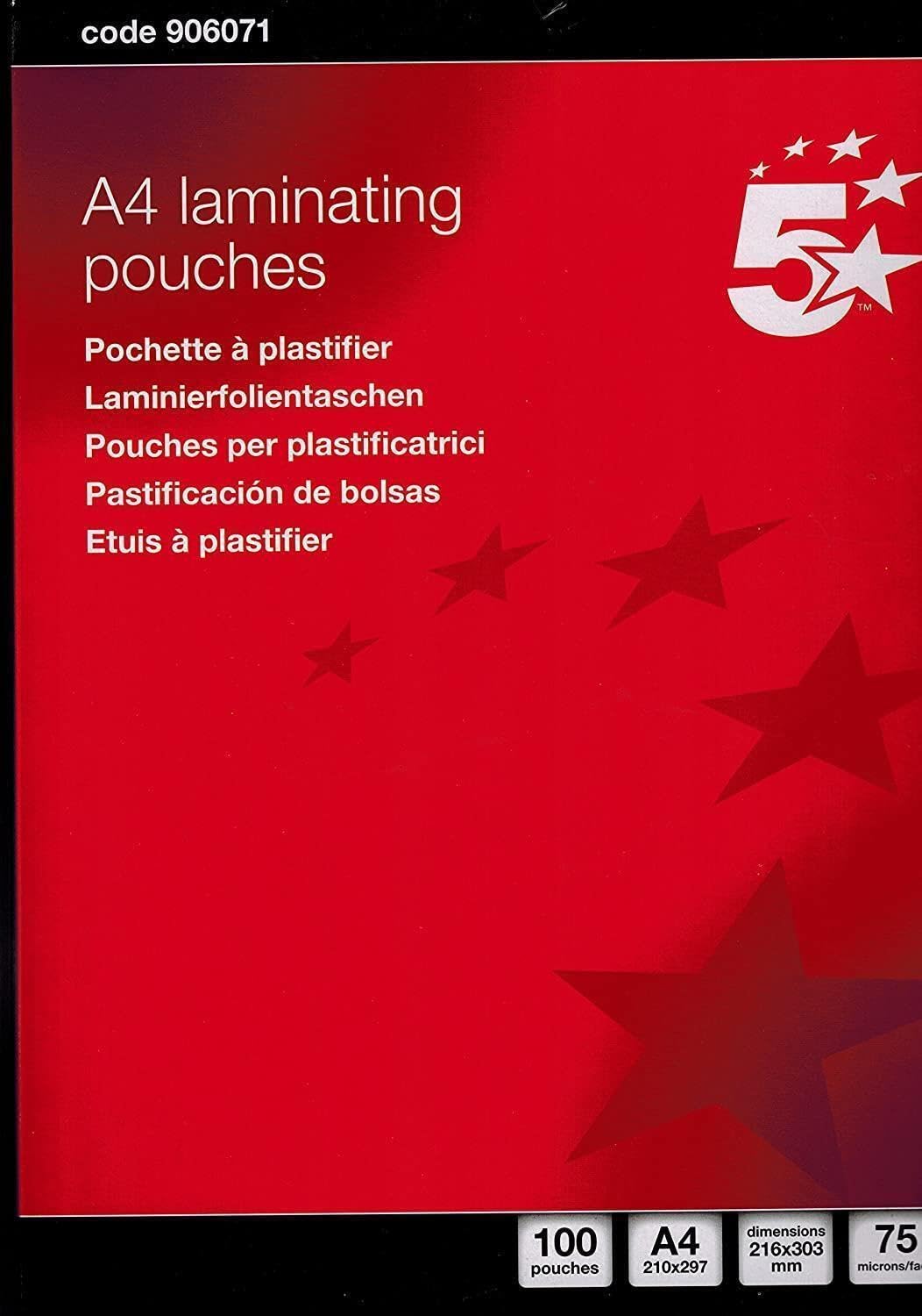 5 Star Office Laminating Pouches 150 Micron for A4 Glossy (Pack 100)