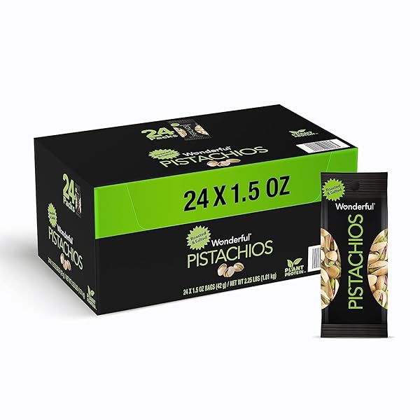 WONDERFUL PISTACHIOS IN SHELL, ROASTED AND SALTED NUTS, 1.5 OUNCE BAG (PACK OF 24), PROTEIN SNACK, ON-THE-GO, INDIVIDUALLY WRAPPED HEALTHY SNACK