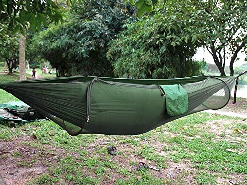 Camping Hammock, Mosquito Net Outdoor Hammock Travel Bed Lightweight Parachute Fabric Double Hammock For Indoor, Camping, Hiking (Dark Green)