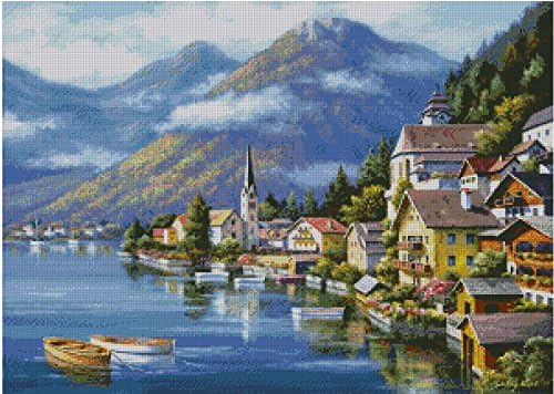 Lakeside Village Cross Stitch Kits, 14ct, Egypt Cotton Thread 300x214 Stitch, 64x49cm Cross Stitch Kits, White, 9*8cm