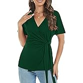 LEIYEE Womens Summer V Neck Short Sleeve Wrap Tops Casual Cute Front Twist Tie Knot Shirts Blouse