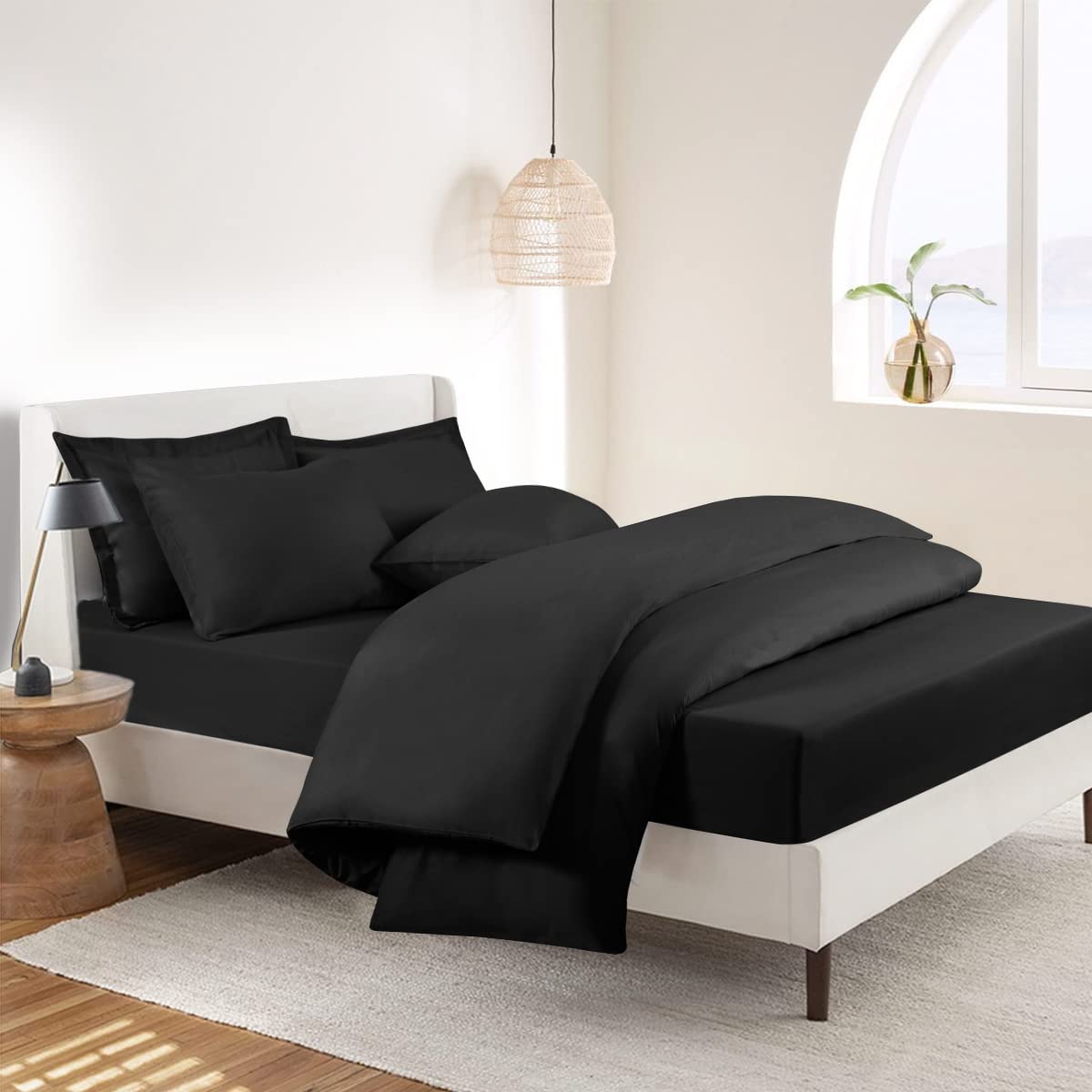RUIKASI Super King Bedding Sets - 4 Piece Bed Set Superking Bedding, Deep Pocket Fitted Sheet and Duvet Cover with Pillow cases, Soft Microfiber Duvet Set with Zipper, Black