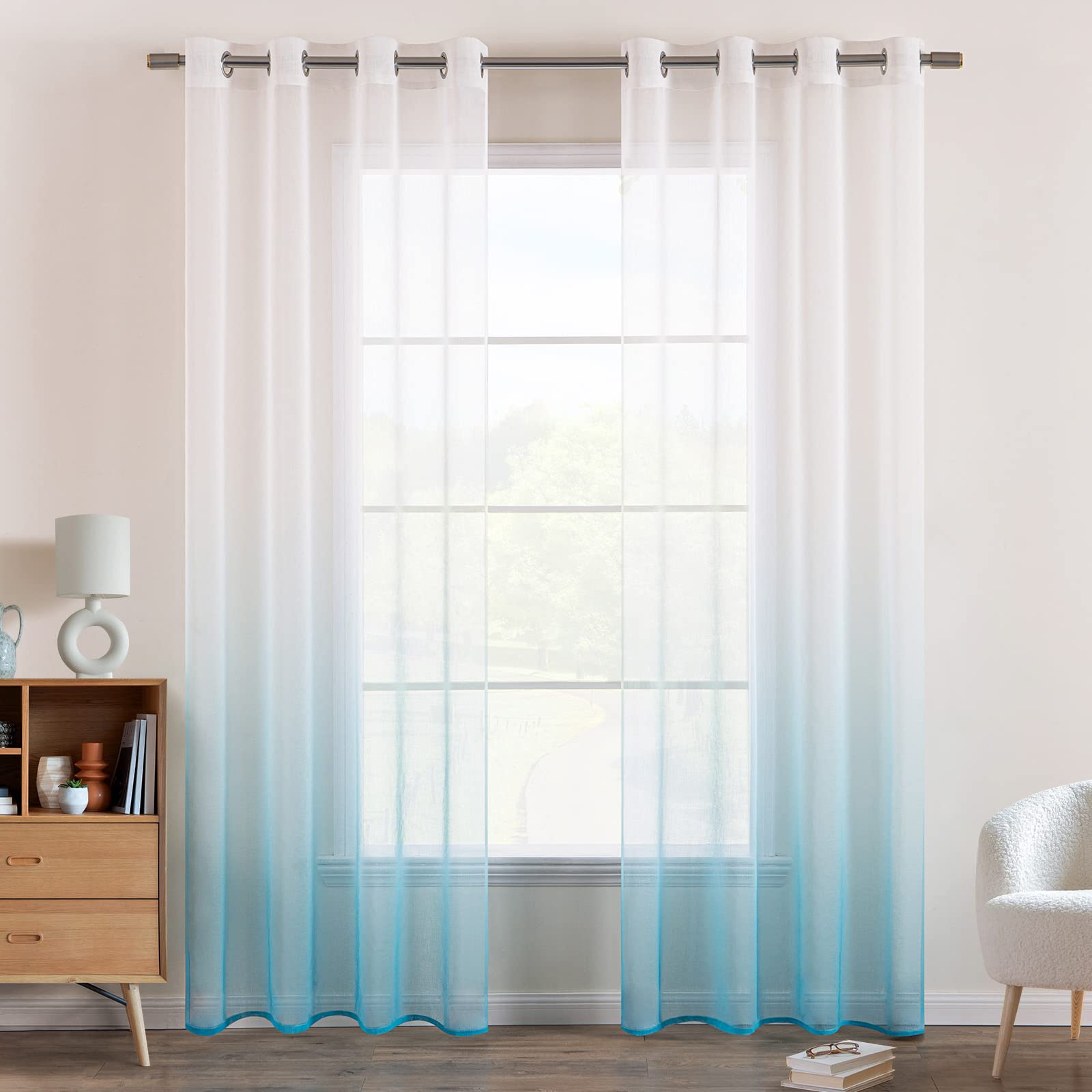 EMEMA Set of 2 Gradient Colour Changed Polyester Eyelet Voile Shade Semi-Transparent Decoration for Living Room, Bedroom, Office, 140 x 145 cm, Blue