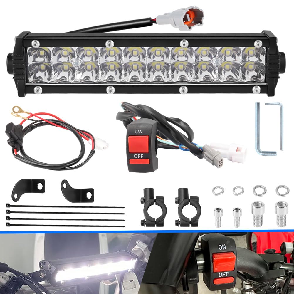Photo 1 of Dirt Bike Light Bar Headlight Motorcycle LED ATV Light ON/OFF Switch 60W Kit for CRF110 KLX110 TTR110 YZ250F Motocross Light ATV Headlight Assembly Part for Most 7/8" Handlebars with Mounting Brackets