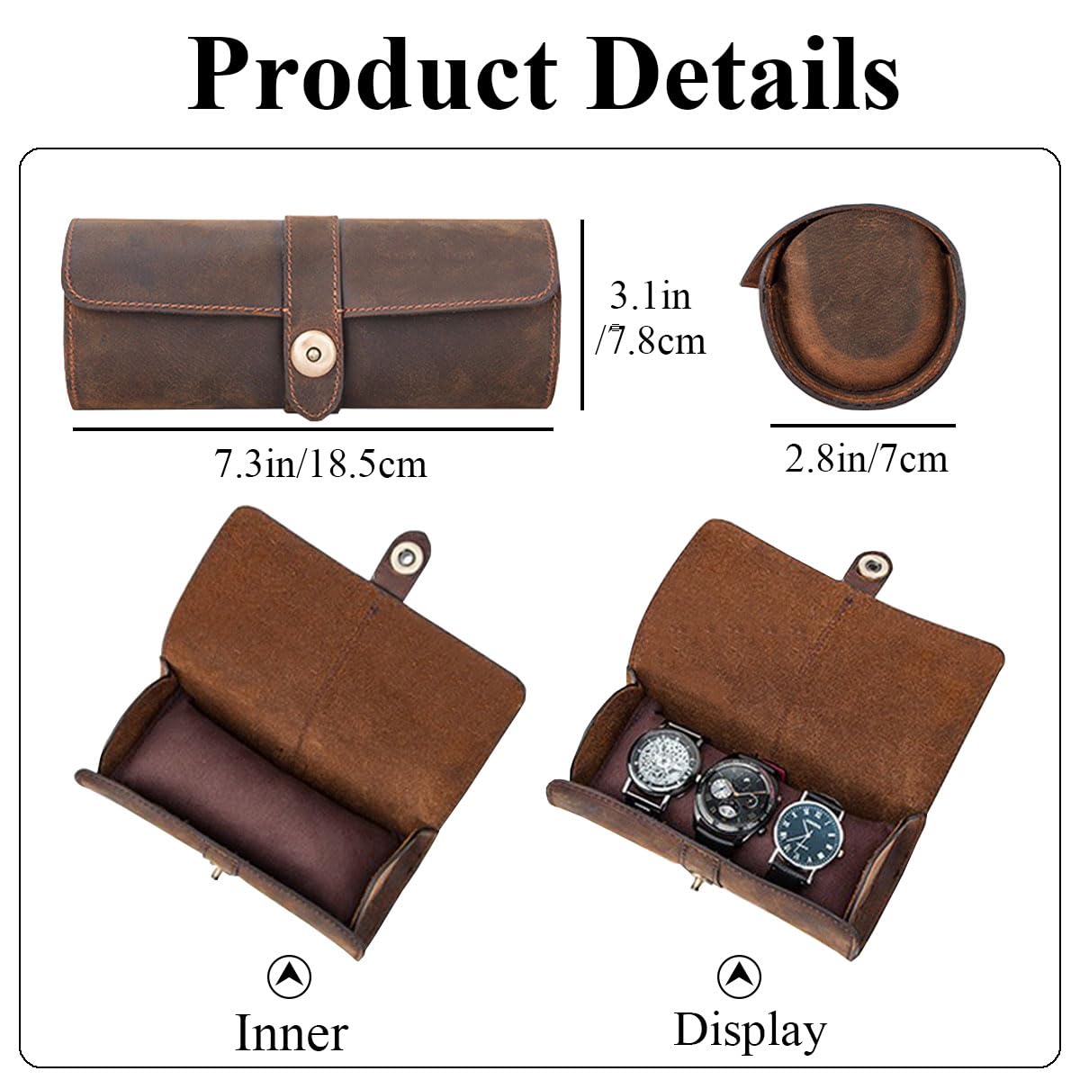 Acidea Genuine Leather Watch Roll Case - Travel Case for 3 Watches, Men's Accessories