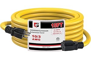 EP 15 Ft 10 Gauge Outdoor Extension Cord with T-Blade Plug, Heavy Duty NEMA 5-20 P/R Power Cord, 20A 250V 10/3 SJTW Cable for