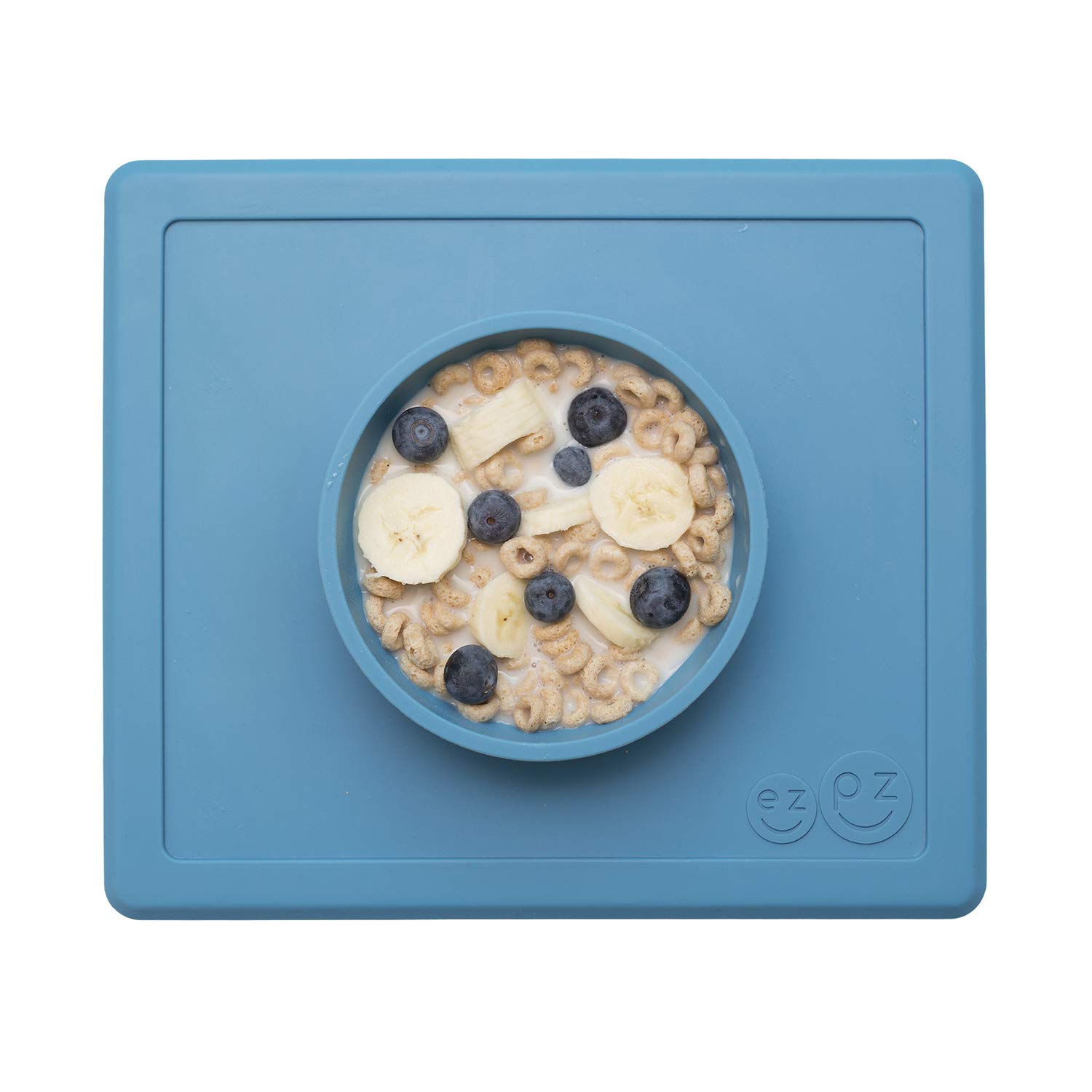 ezpz Happy Bowl (Blue) - 100% Silicone Suction Bowl with Built-in Placemat for Toddlers + Preschoolers - Dishwasher Safe