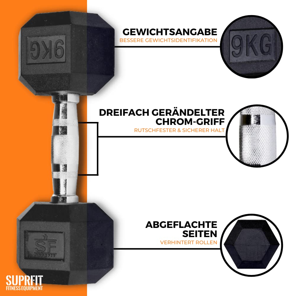 SUPRFIT - Hexagon Kurzhanteln paarweise mit gummiertem Eisenkern - Fitness Gewichte Hanteln 2 x 3 kg mit rutschfestem Chromgriff - Premium Kurzhantel Set für Calisthenics, Krafttraining & Crossfit 3