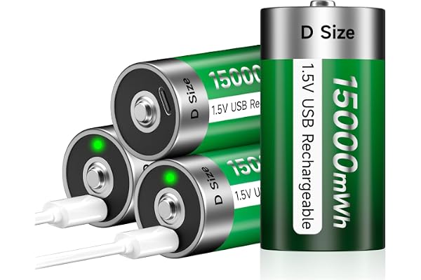 Palogreen D Batteries 4 Pack, 1.5V Constant Output, 15000mWh Li-ion D Cell with Type-C Charging Cable, LR20 Replacement Batte