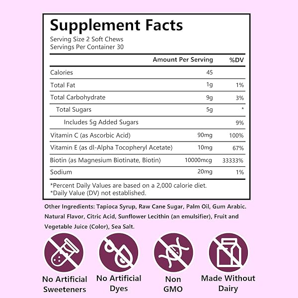 HAIR GROWTH GUMMIES,HAIR GROWTH BIOTIN SOFT CHEWS VITAMINS WITH BIOTIN,MIXED BERRY FLAVOR,TO PROMOTE THICKER,FULLER,STRONGER HAIR FOR MEN AND WOMEN,60 COUNT
