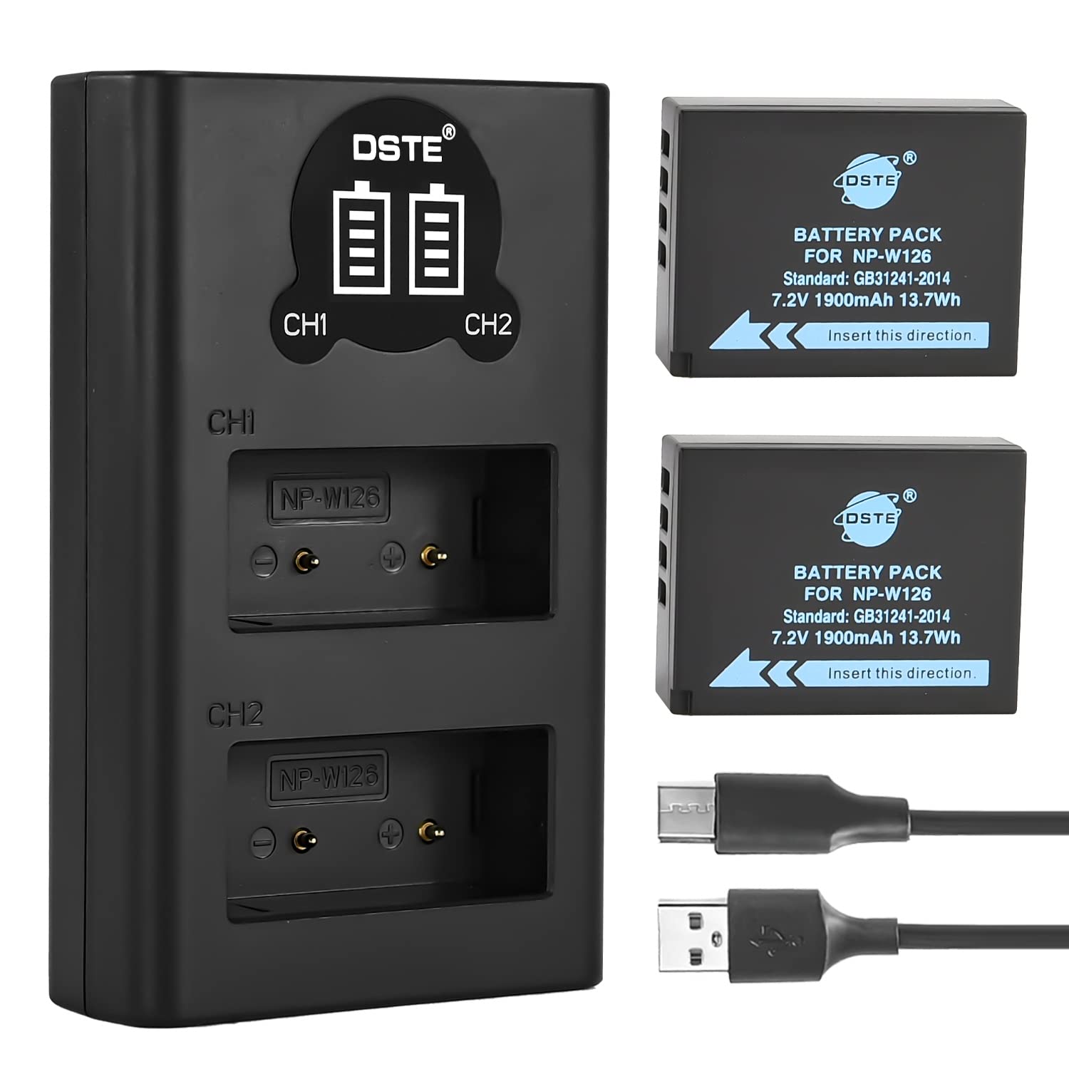 DSTE NP-W126 NP-W126S Rechargerable Battery (2-Pack) and Smart LED Dual Charger USB Compatible with Fuji Finepix HS30EXR HS33EXR HS50EXR X-A1 X-E1 X-T10 X-A2 X-H1