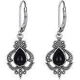 925 Sterling Silver Vintage Black Onyx Dangle Drop Leverback Earrings Birthday Christmas Mothers Day Gift for Women
