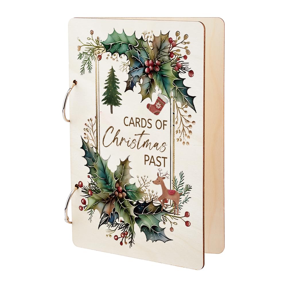 SUPERDANT Christmas Card Keeper Wooden Memory Book Loose Leaf Binder Greeting Card Holder Postcard Organizer Book No Rings Wood Cover Cards of Christmas Past Display Storage Holder Organizer Card Keep