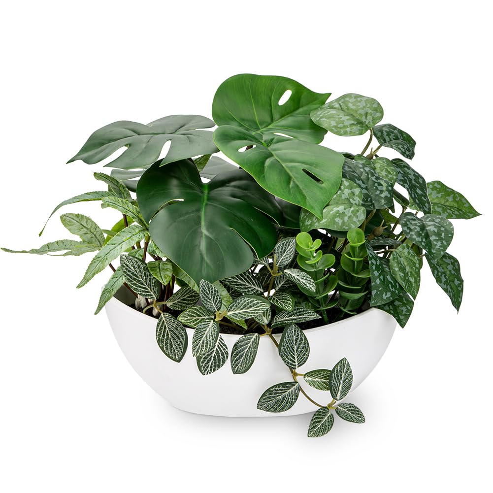 Hollyone 30CM Mixed Artificial Plants in White Pot, Decorative Fake Plants with Boat Pot, Faux Plants Indoor for Home Decor, Bedroom, Bathroom, Kitchen, Bathroom, Shelf, Desk, Office Decorations