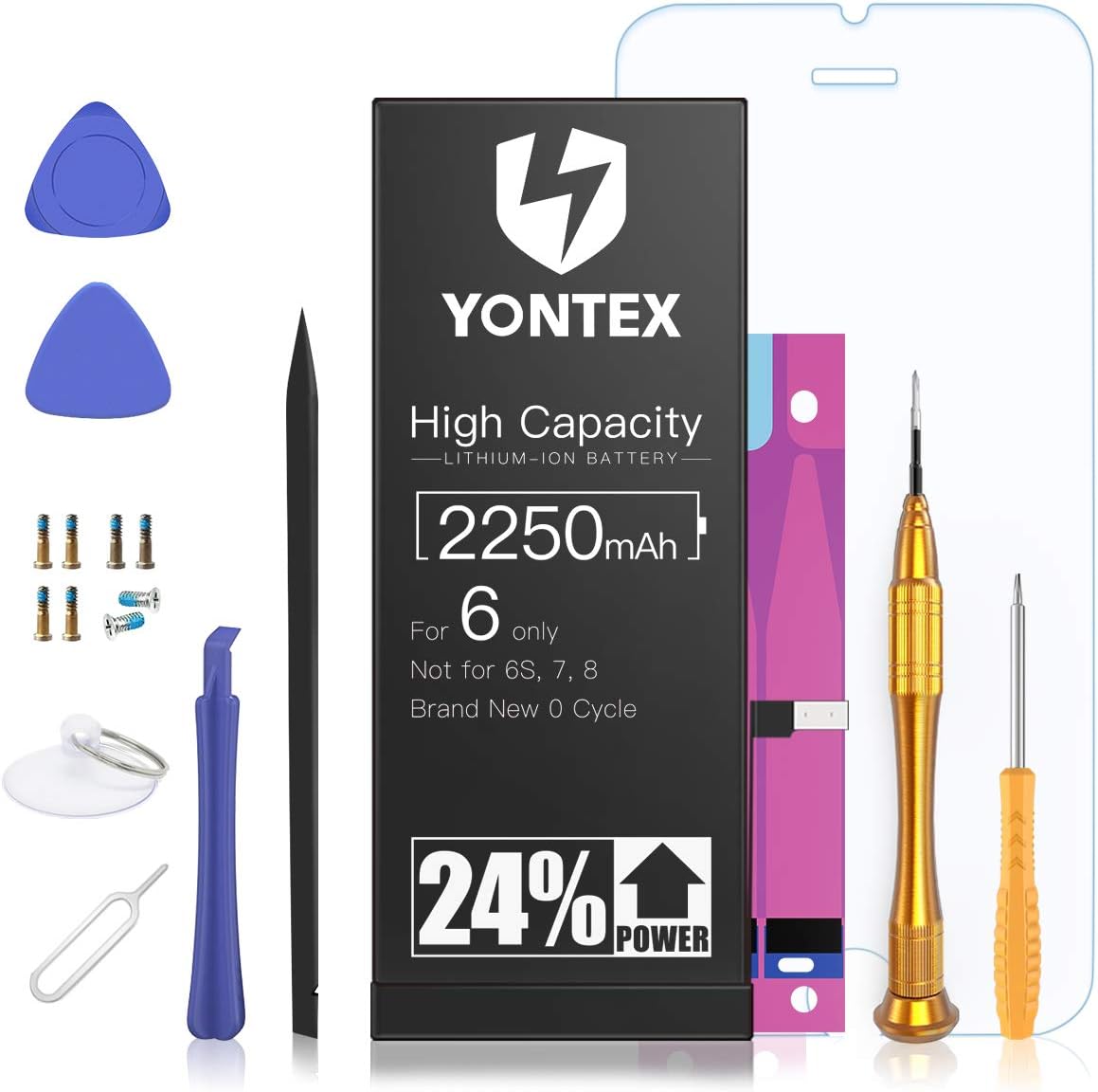 2250mAh Battery Compatible with iPhone 6 0 Cycle - YONTEX High Capacity Li-ion Replacement Battery with a Complete Repair Tool Kit and 1 Screen Protector - 24-Month Warranty