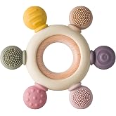 Arudyo Baby Teething Toys Silicone Teethers BPA Free Silicone Rudder with Wooden Ring Soothe Babies Gums (Khaki)