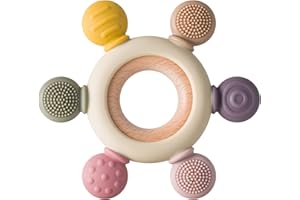 Arudyo Baby Teething Toys Silicone Teethers BPA Free Silicone Rudder with Wooden Ring Soothe Babies Gums (Khaki)