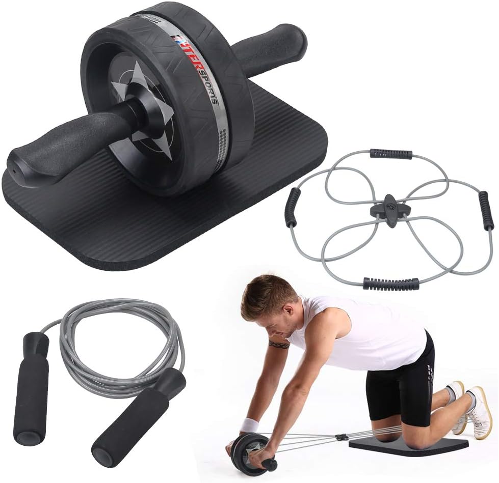 EnterSports Ab Roller Wheel, 4 in 1 Ab Roller Kit with Knee Pad, Multifunctional Resistance Band, Jump Rope, Perfect Home Gym Equipment for Men Women Abdominal Exercise