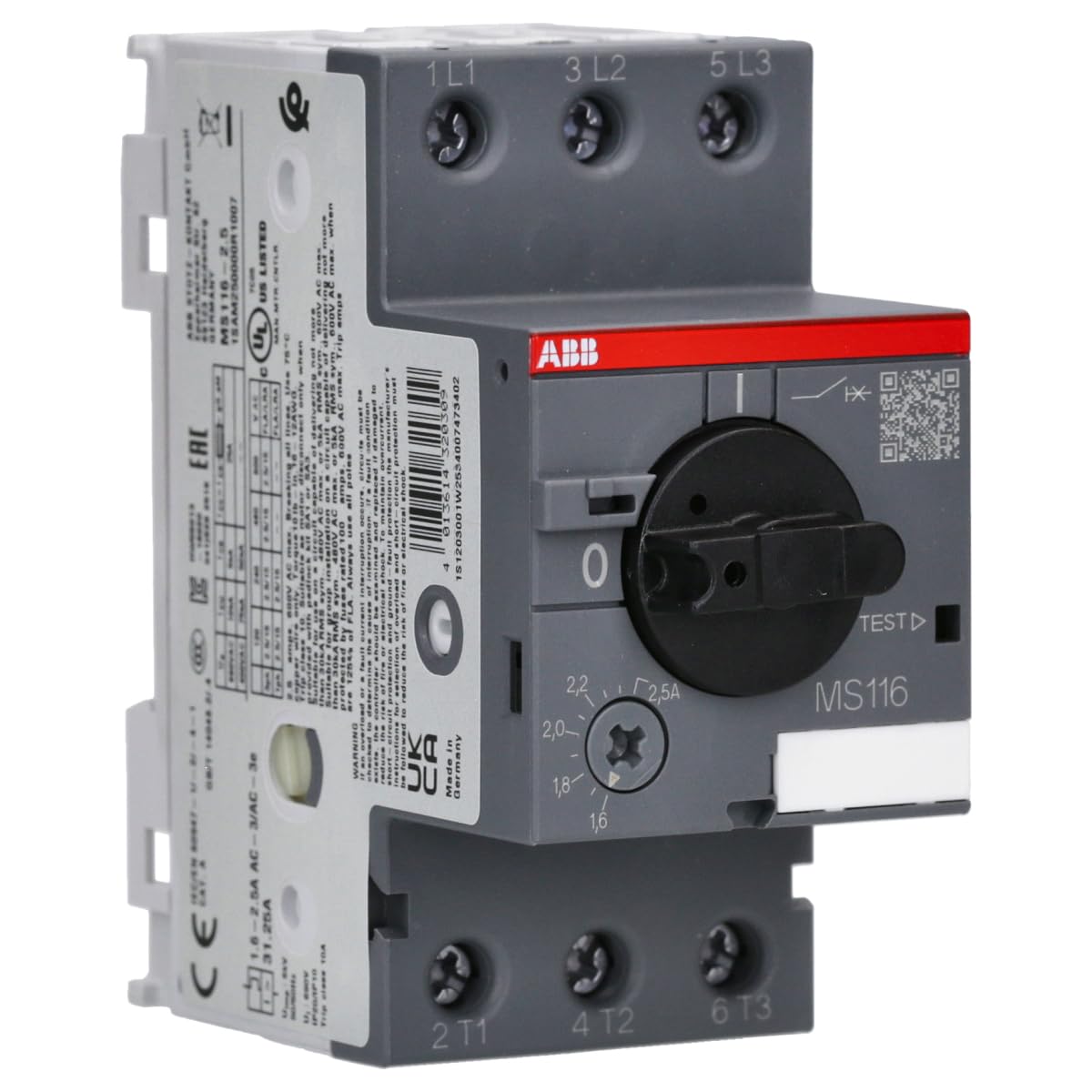 ABB MS116-2.5 Manual Motor Starter, 45mm width, 3 Pole, 690 V, 50-60Hz (ABB1SAM250000R1007)