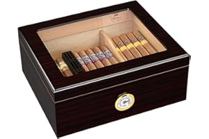 Slege Cigar Humidor,Humidor Cigar Box for Cuban Cigars,Glass-Top Humidor Spanish Cedar-Cigar Case,Humidifier,Divider,Hygrometer,Men's Gift,Cigar Accessories(30-50 Cigars) Black, Black~humidor