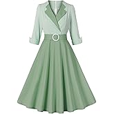 AlkYutd Women's Vintage Tea Dress V-Neck 3/4 Sleeves Plaid A-Line Cocktail Party Dress