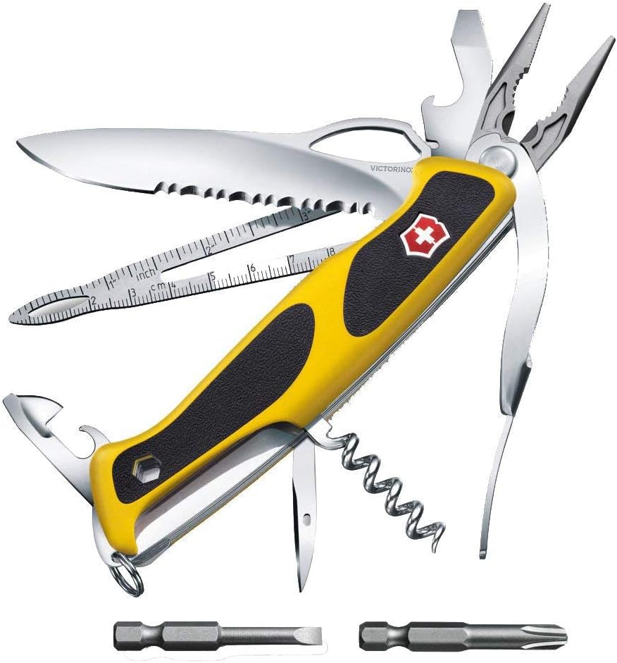 Victorinox Ranger Grip Boatsman Swiss Army Pocket Knife, Large, Multi Tool, 22 Functions, Locking Blade, Case, Yellow/Black