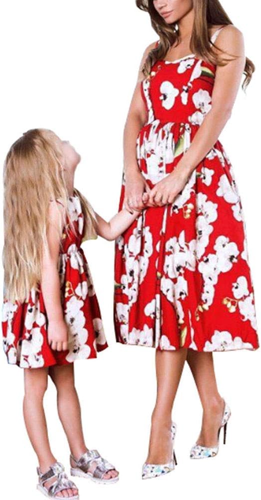 HUAZONG Mother and Daughter Matching Dress, Women Baby Girls Summer Floral Print Sundress Beach Mini Dresses Parent-Child Family Clothes
