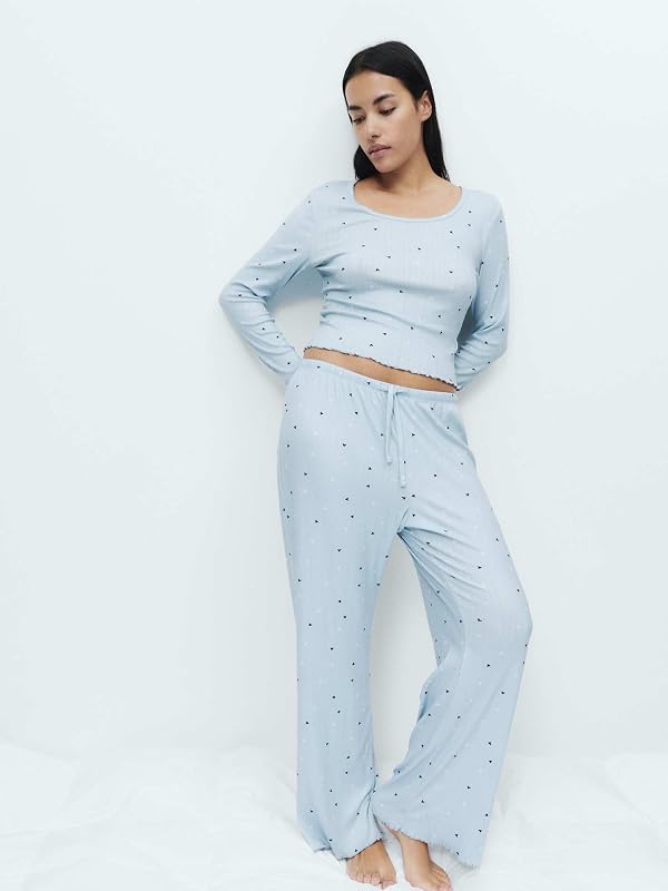 Pigiama in Punto Pointelle Stampato da Donna Blu S