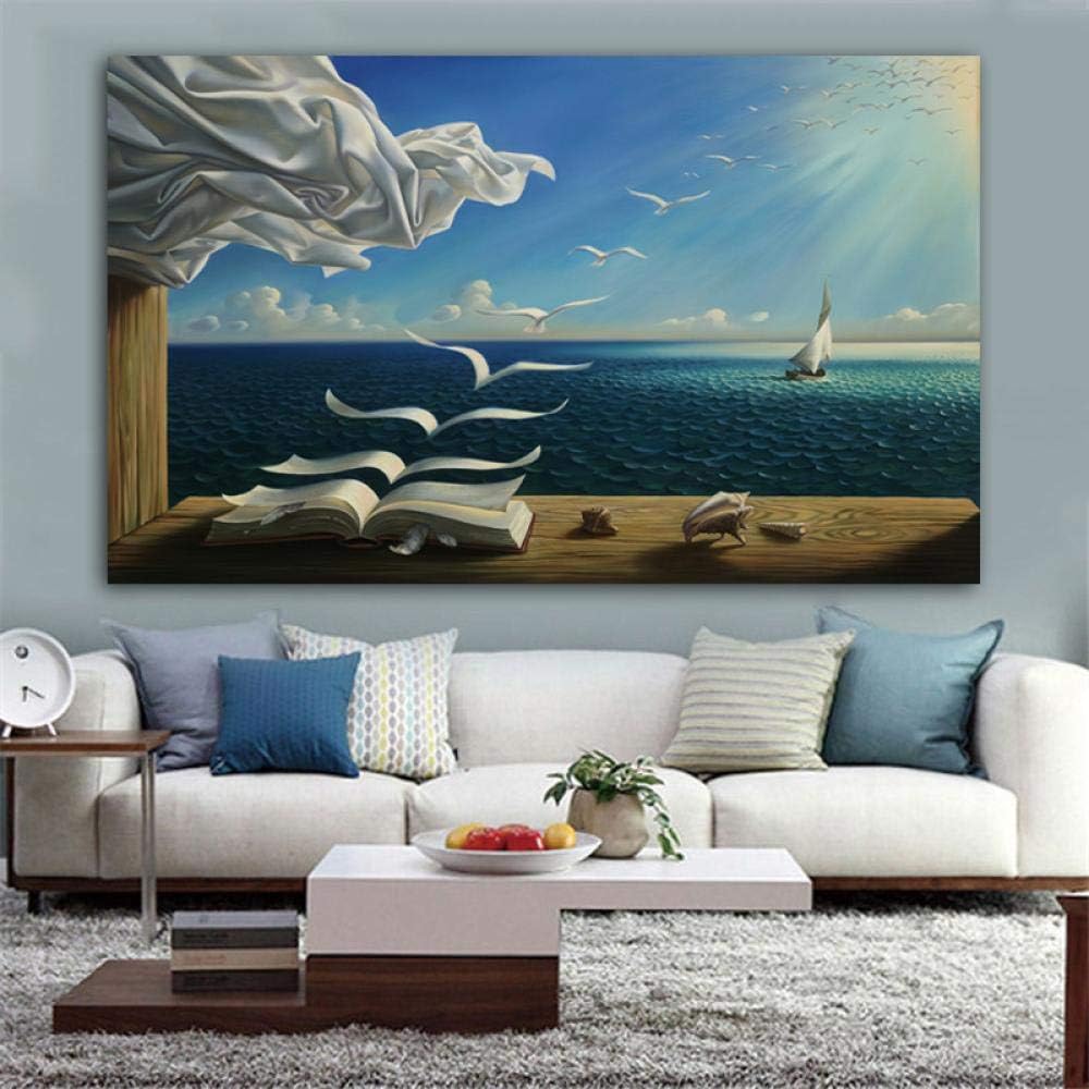 Amazon Co Jp ダリ サルバドールキャンバスアートポスター海の波ブックヨットの画像キャンバス絵画ウラジミールクッシュの発見の日記ウォールアート 40x60cmフレームなし ホーム キッチン