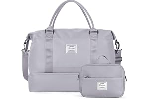 HYC00 Weekender Bag for Women, Travel Bag with Shoe Compartment & Toiletry Bag, Gym Bag with Wet Pocket, Overnight Duffel Bag Hospital Bag for Women,Grey