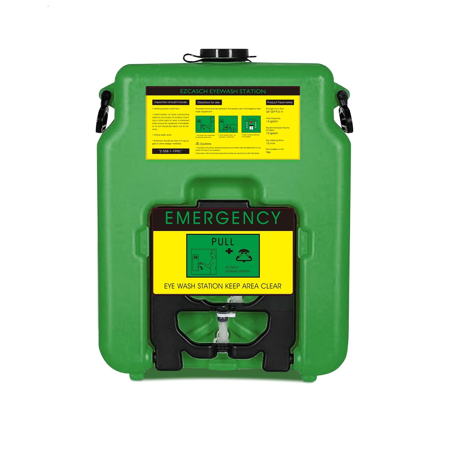 Photo 1 of Ezcasch Portable Eyewash Station 14-Gallon OSHA Approved with One Station Sign and Two Inspection Tags, Wall Mounted Gravity-Flow Indoors and Out, 53L Refillable Eyewash Station Heavy Duty, Green