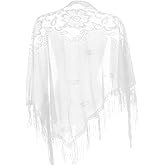 White Lace Shawls Wraps Triangle Scarf with Fringe, Mesh Fringe Shaw for Evening Dresses, Women Soft Lace Scarf with Tassels for Evening Party Dress, Mesh Floral Wedding Shawls