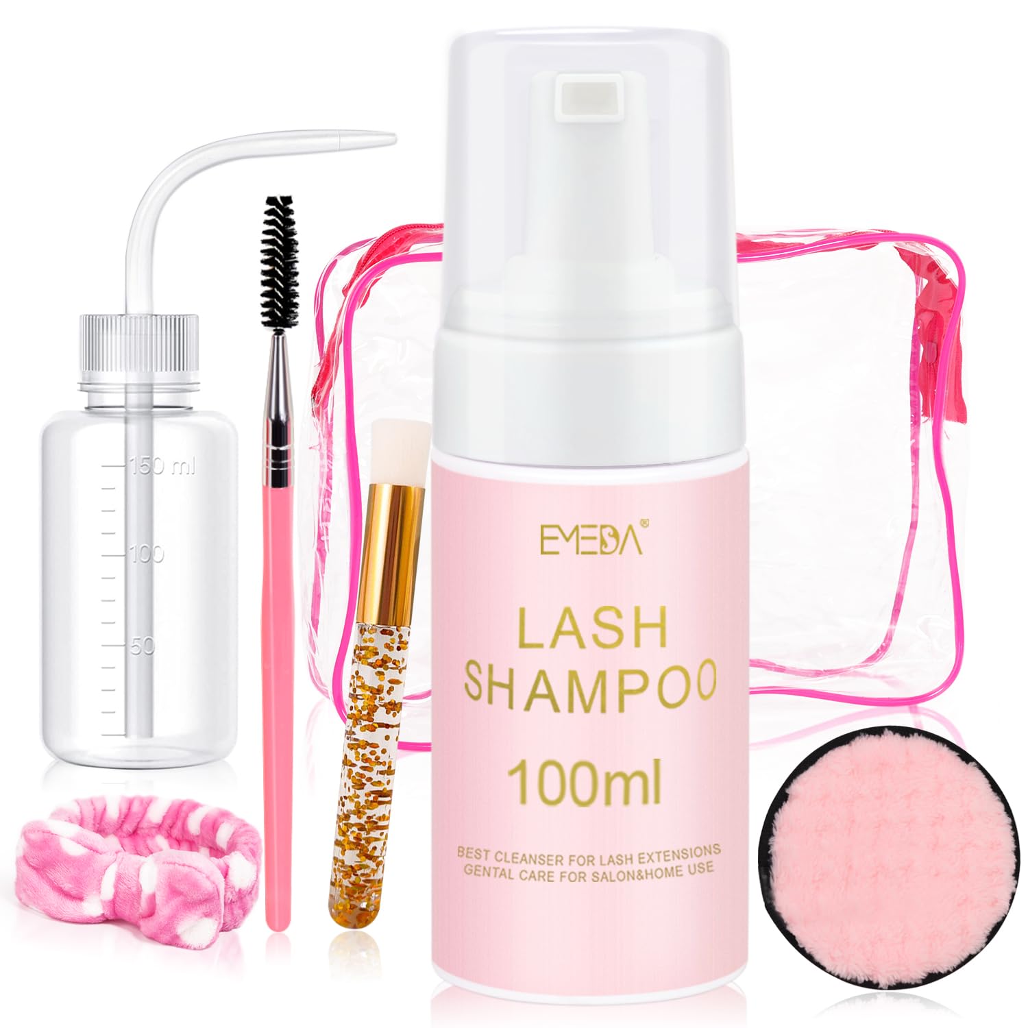 100ml/3.38oz Eyelash Shampoo for Lash Extensions Lash Cleaning Kit for Cluster Lashes Eyelash Brush Wash Bottle Hair Band Oil Free Foam Cleanser Lash Bath Kit(6 in 1) — image 1