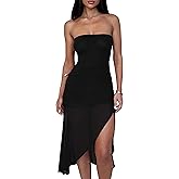 GOKATOSAU Women's Strapless Summer Mesh Ruched Split Asymmetric Ruffle Hem Bodycon Midi Dress