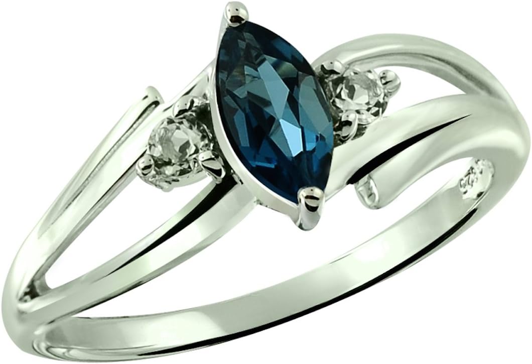 Sterling Silver 925 Ring Genuine GEMS (London Blue Topaz, Garnet) 0.75 Ct Rhodium-Plated Finish