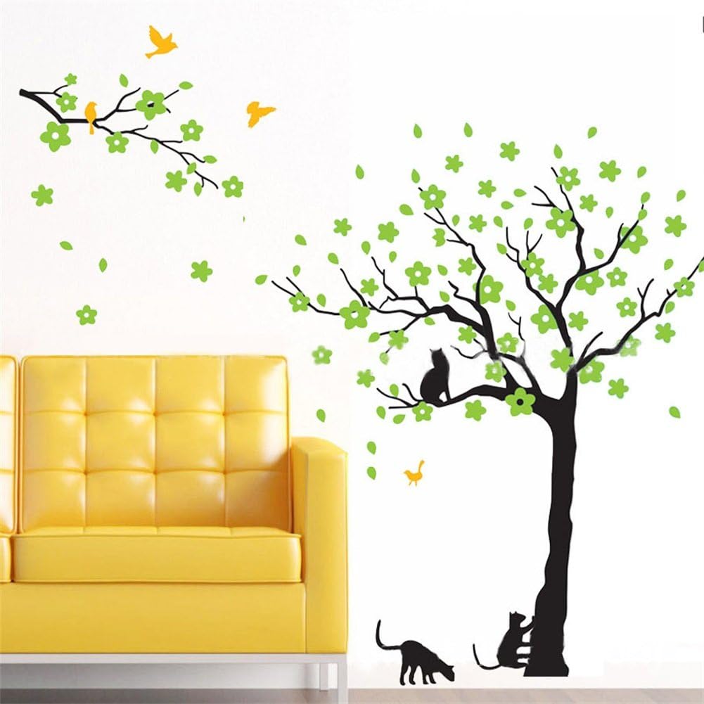 Fymural Cats and Flowers Tree Wall Stickers for Bedroom Kid Baby Nursery Vinyl Removable Mural Paper DIY Decals 98.4x66.9",Green