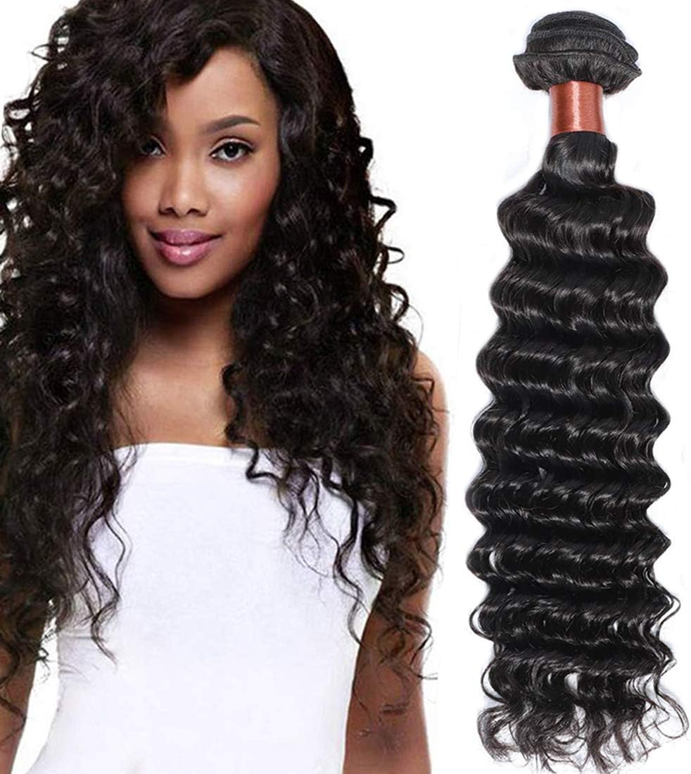 ANGIE QUEEN Peruvian Virgin Hair Deep Wave Bundles Human Hair One Bundle Weave 100% Unprocessed Hair Extensions Natural Black Color 26Inch (100+/-5g)/bundle Can be Dyed and Bleached