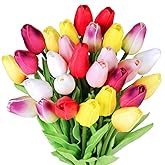 Winlyn 28 Pcs Multicolor Tulips Artificial Flowers Faux Tulip Stems Real Feel PU Tulips Easter Spring Wedding Bouquet Centerpiece Floral Arrangement Cemetery Table Décor 14" Tall