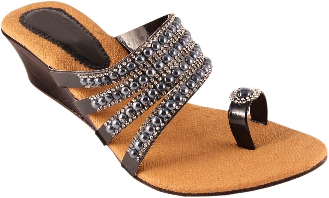 Red Choice Collection High Heel Multi Strap Black Pearl Design Ladies Chappal