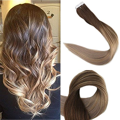 Full Shine 18 inch Tape in Colored Hair Extensions Balayage Hair Highlight Color #4 Fading to #18 and #27 Straight Glue in Extensions 50g 20 Pcs/Package