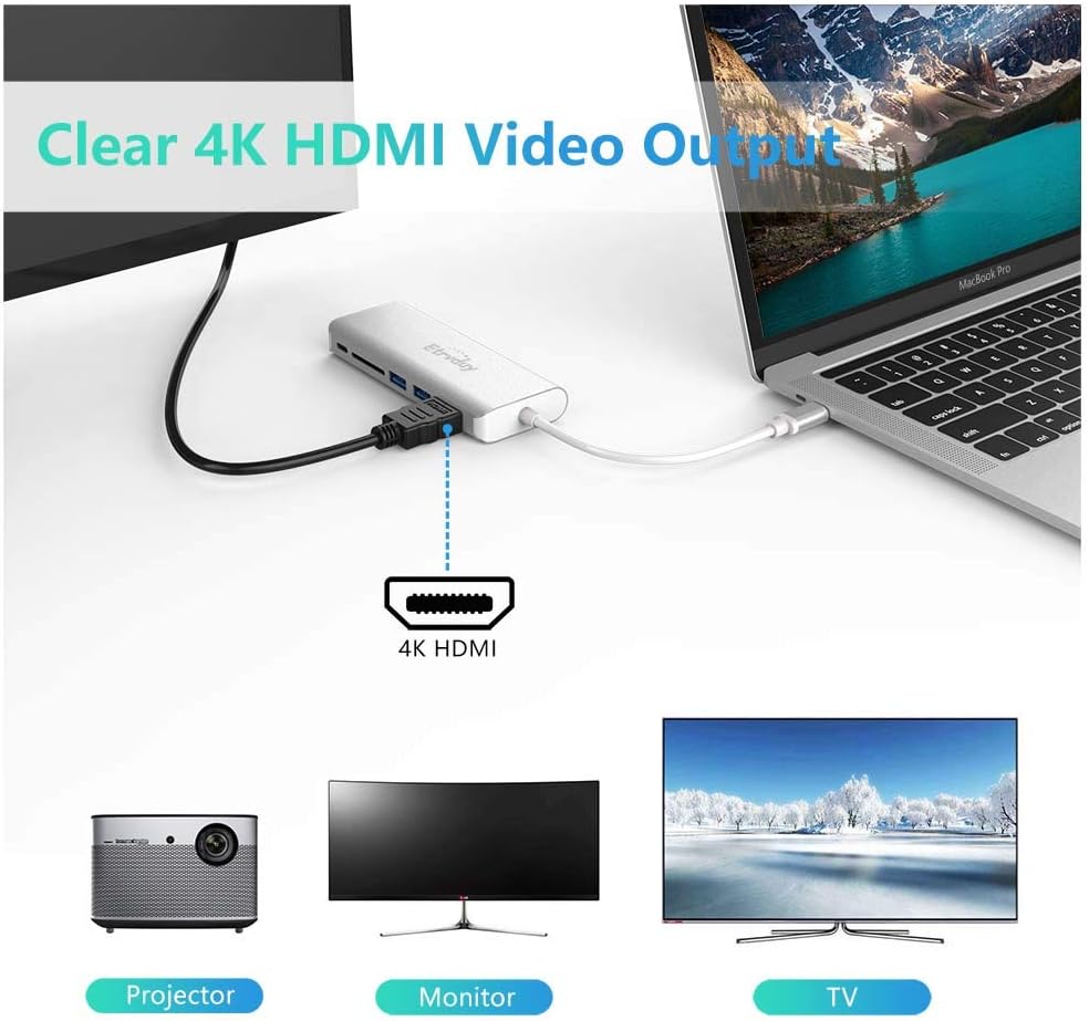 Etrvduy USB C Hub, Multiport USB C Adapter with 4K USB C to HDMI Converter, 2 USB 3.0, Card Reader, Type C Charging, Gigabit Ethernet, USB C Dock Compatible Apple MacBook Pro 13/15/16 (Thunderbolt 3): Computers & Accessories