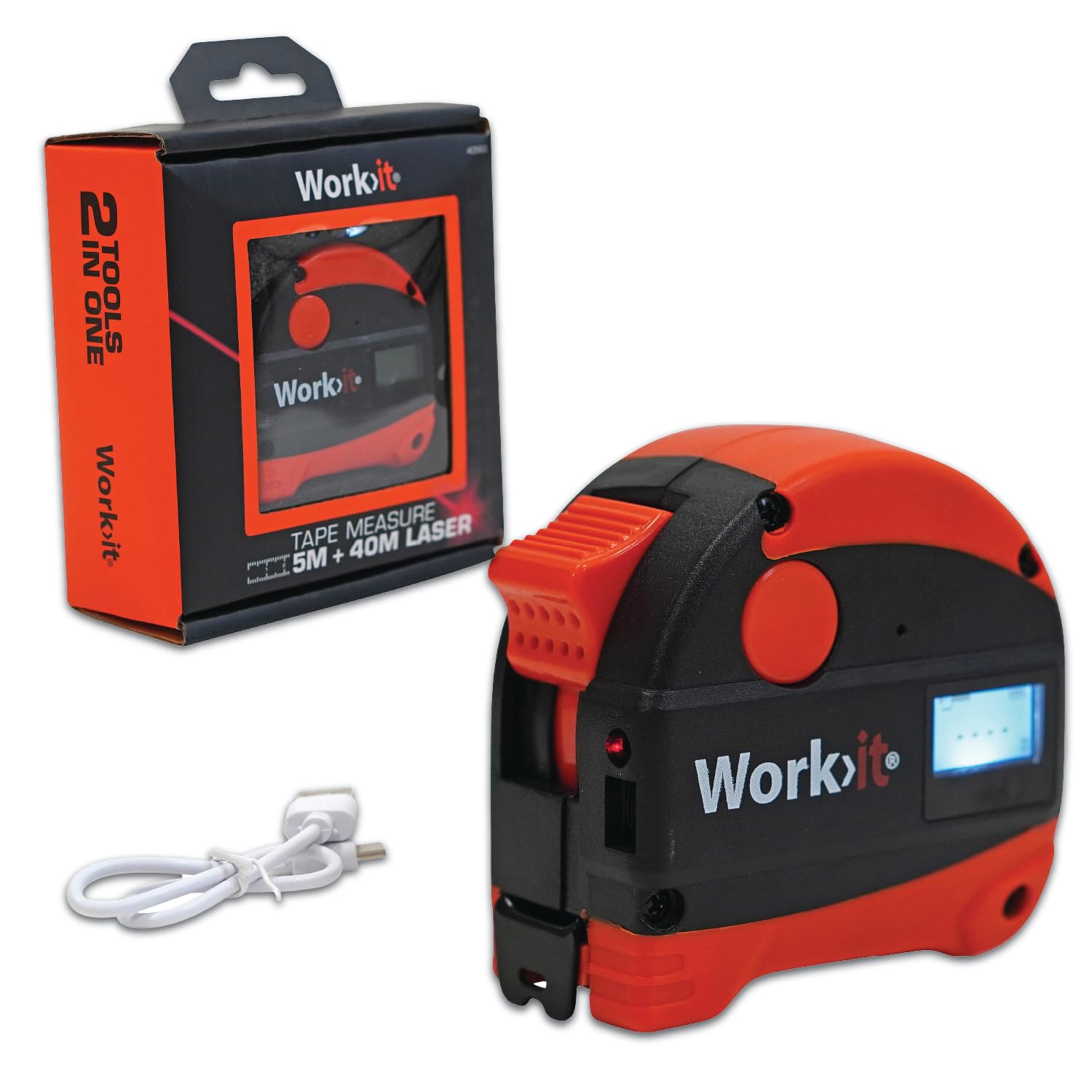 Work>it® Tape Measure with Laser Rangefinder 5m + 40m - High Precision Measurement, Magnetic End, USB Charging, Black/orange