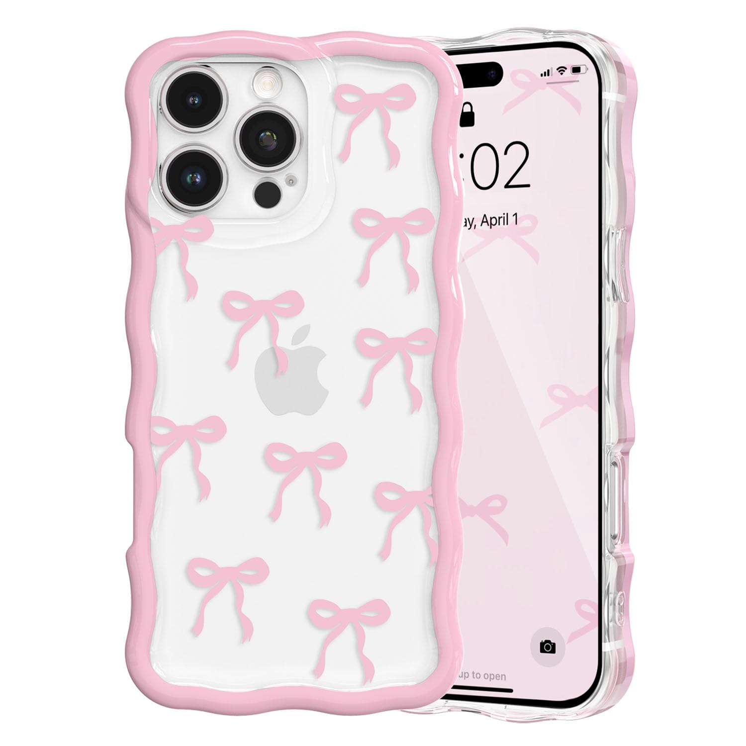 QLTYPRI for iPhone 13 Pro Pink Bow Case, Clear Cute Pink Ribbon Bow Phone Case Curly Wavy Aesthetic Phone Cover, Soft Slim Transparent TPU Shockproof Protective Cover for Women Girls - Ribbon Bow