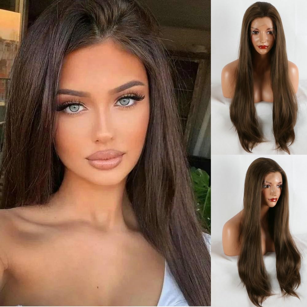 Natural Looking Brown Wig Free Part High Temperature Straight Long Hair Synthetic Lace Front Wigs for Drag Queen Natural Hairline Women Girls Replacement Cosplay Wig