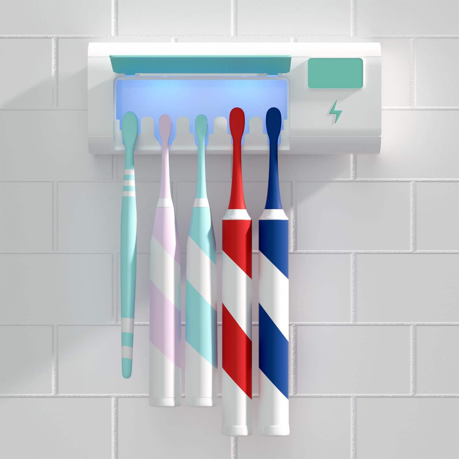 Photo 1 of Toothbrush Holders Green Toothbrush Holder Wall Mounted Electric Toothbrush Holders for Bathrooms 5 Toothbrush Holder Slots with Light, Timerable, Rechargeable Toothbrush Cleaner Case