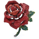 Rose Flower Brooch for Women Girls Red Rhinestone Crystal Rose Lapel Pin Elegant Dress Accessories Jewelry Wedding Birthday Valentine's Day Gift