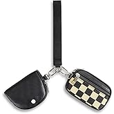 Checkered Dual Pouch Keychain Wallet for Women,Small Mini Zip Leather Coin Purse with Wrist Strap,wristlet hangbags,Black