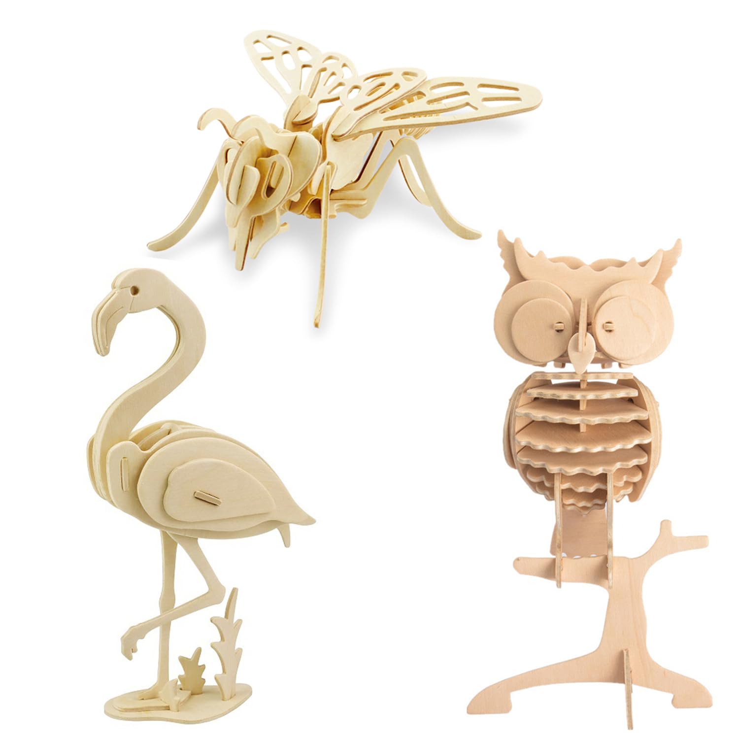 Georgie Porgy Kids Toys Construction Woodcraft Kits 3D Wooden Model Puzzle DIY Arts Crafts Kits Wooden Jigsaws (Bee Flamingo Owl) — image 1
